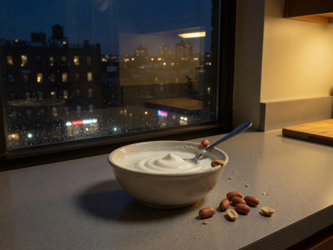 Cocina nocturna: un tazón de yogur y un plátano bajo la luz del gabinete