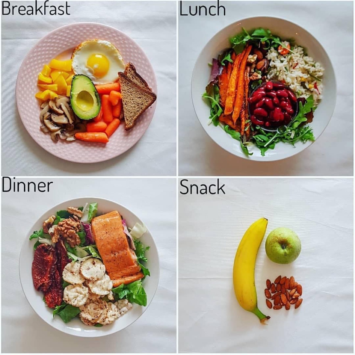 Tres platos de comida a lo largo del día