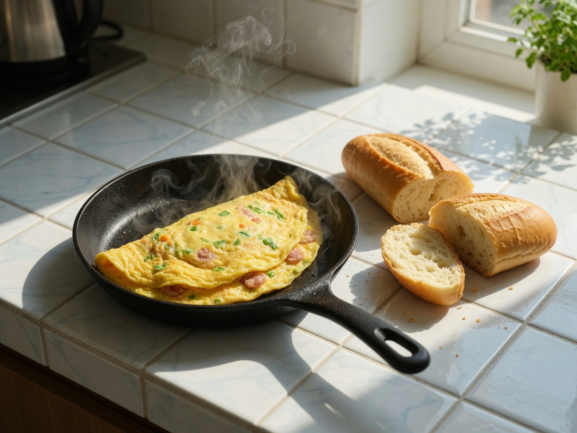 Cocina matutina: huevos revueltos en una sartén, pan y yogur de fruta