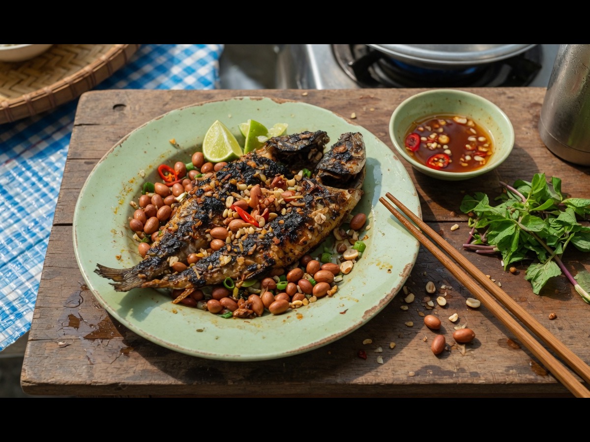 Pescado a la parrilla y cacahuates asados