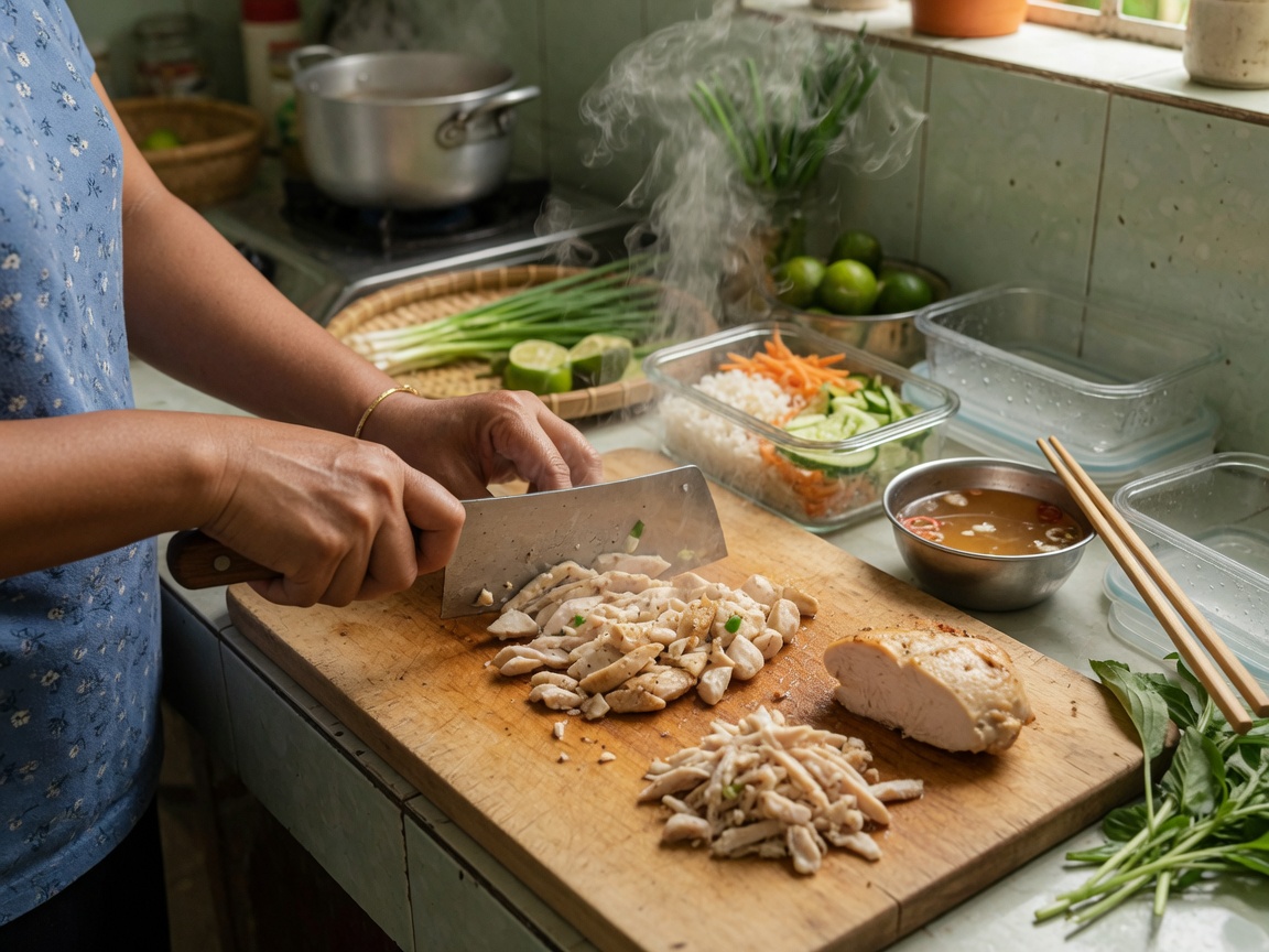 Fila de cajas de vidrio para preparación de comidas con pollo, arroz y verduras en una encimera de cocina