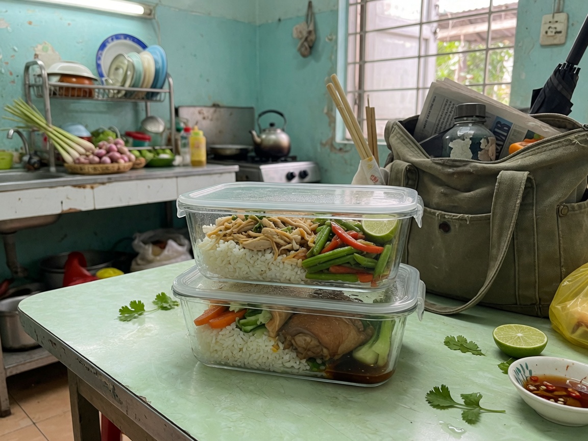 Empacando cajas de preparación de comidas de vidrio en una bolsa de tela