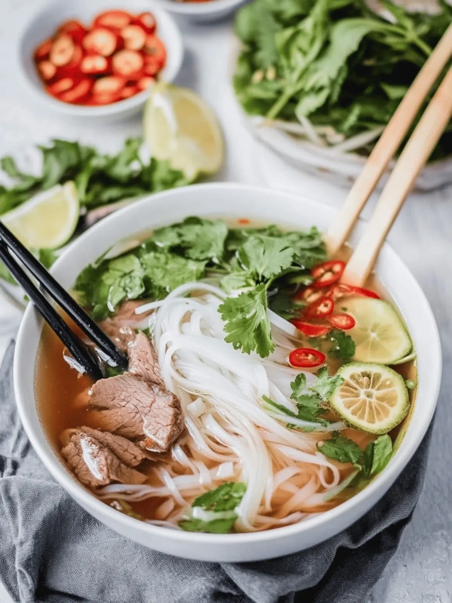 Tazón de phở de res con hierbas frescas