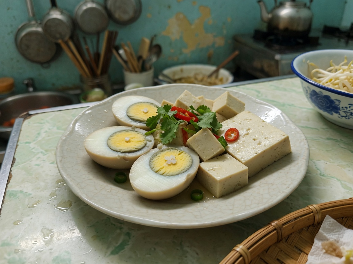 Bandeja de alimentos ricos em proteínas: ovos, tofu, peixe, iogurte, amendoins