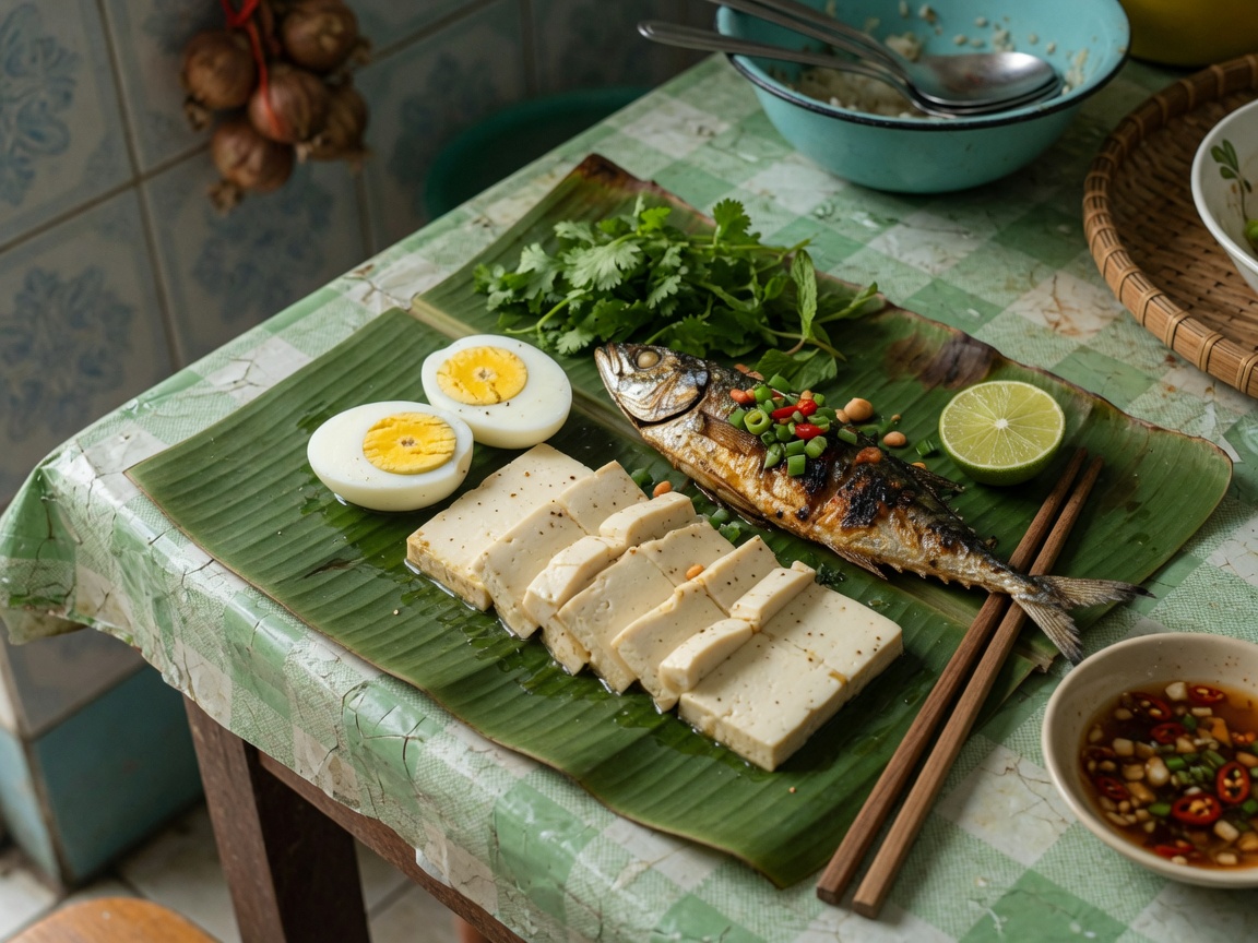 Aperitivo vietnamita alto en proteínas: huevos, tofu, pescado a la parrilla, pechuga de pollo, yogur, cacahuetes