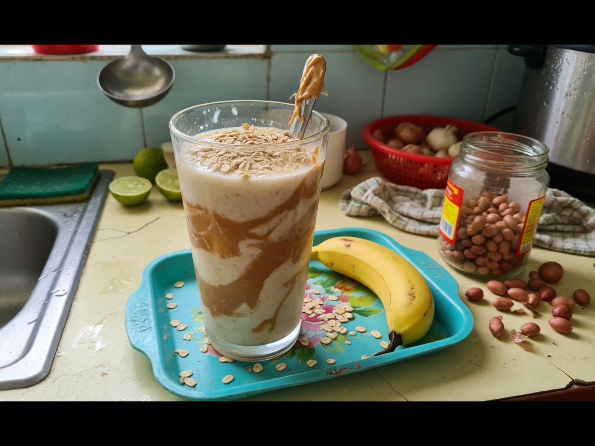 Vaso de batido de plátano y cacahuate
