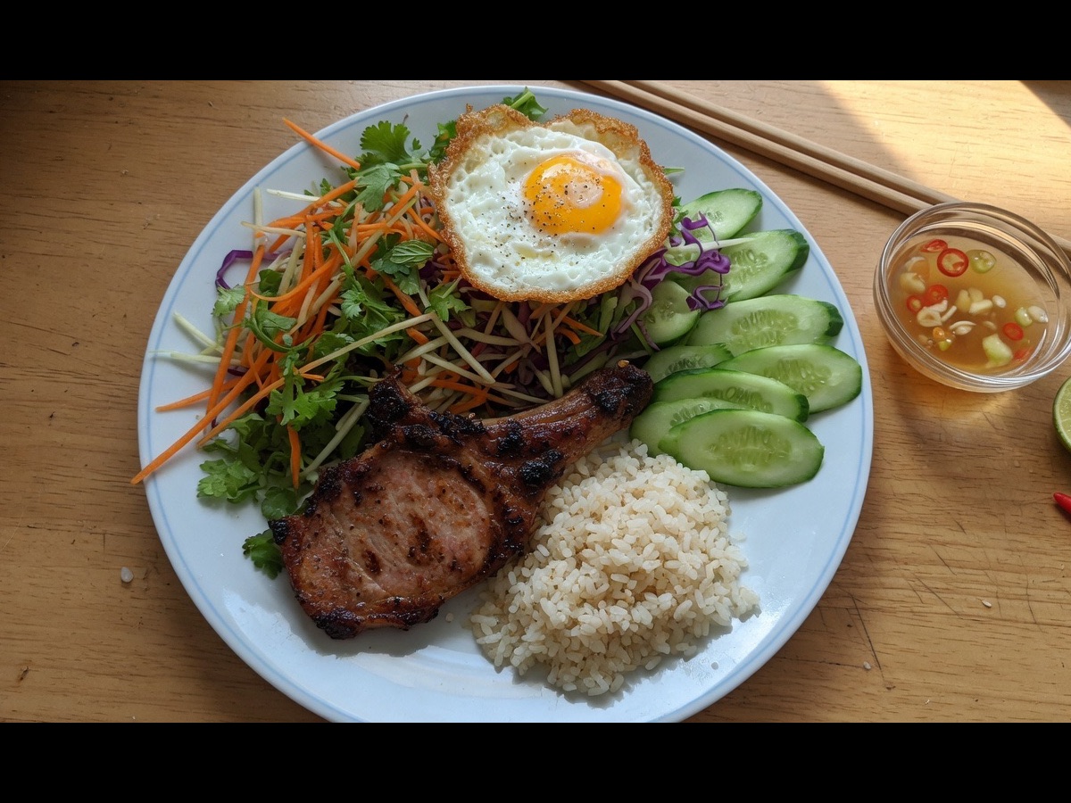 Plato de cơm tấm con muchas verduras