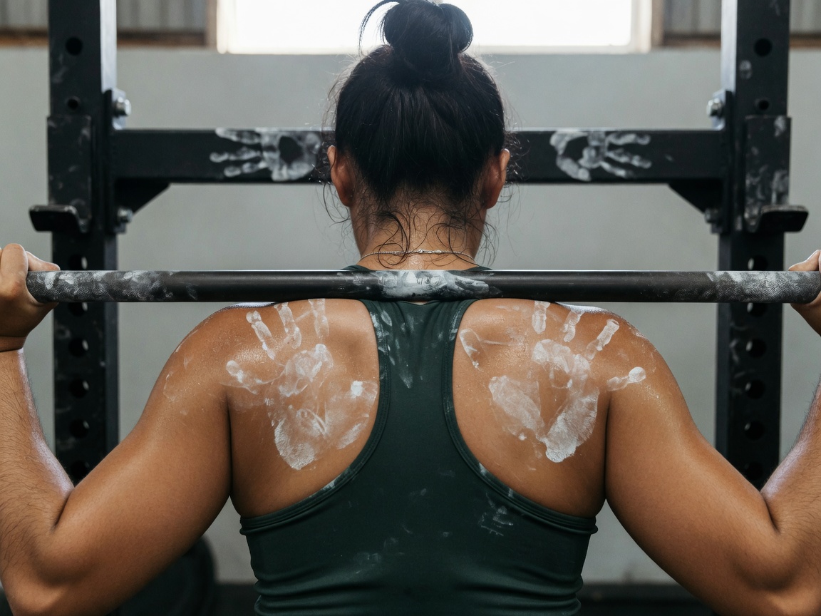 Mujer de pie con una barra después de sentadillas, forma firme sin volumen