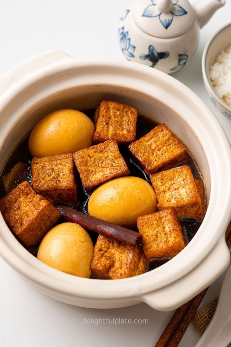 Huevos y tofu en una bandeja de mercado