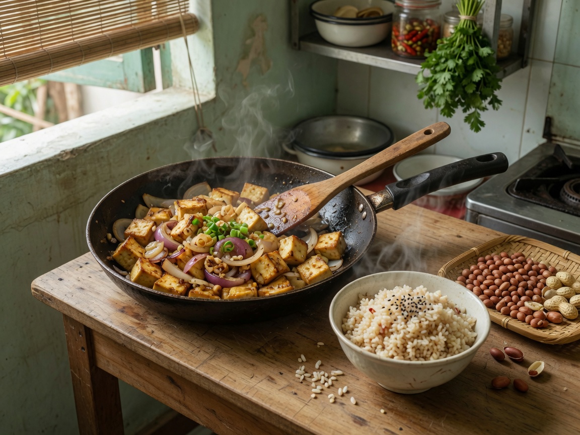Selección vegetariana: tofu con salsa, espinaca de agua, arroz integral, huevos y cacahuates