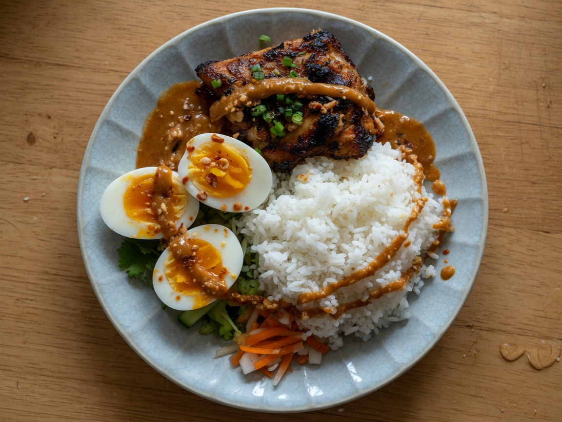 Prato de arroz com frango grelhado, dois ovos fritos, abacate e banana