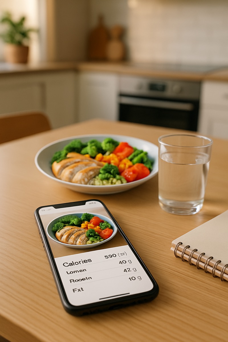 Cuaderno y calculadora al lado de una comida