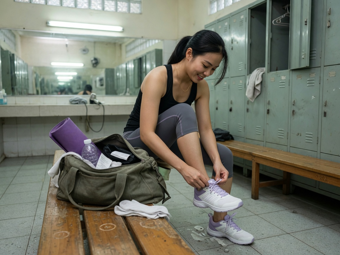 Mujer de pie en la entrada de un gimnasio al atardecer
